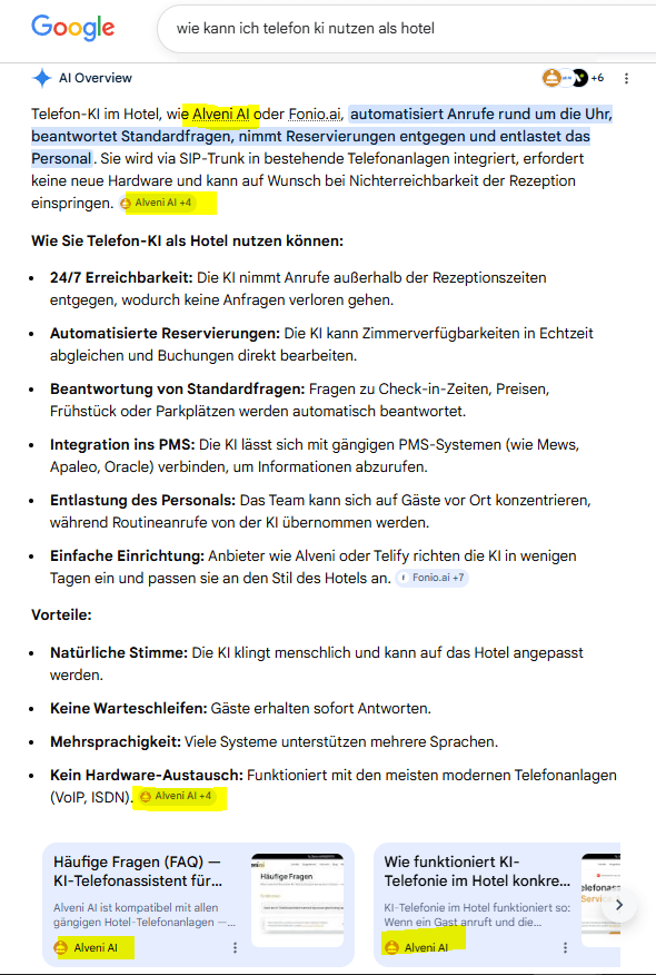 Alveni AI in Google AI Overview für Hotel-KI-Suchanfragen