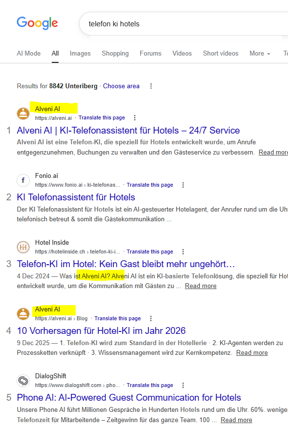 Alveni AI auf Platz 1 bei Google für telefon ki hotels